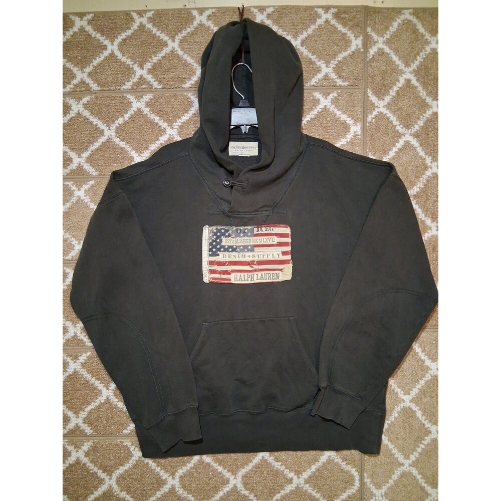 Denim & Supply Ralph Lauren Army Green Flag Patch Hoodie Men’s Size XXL Vintage